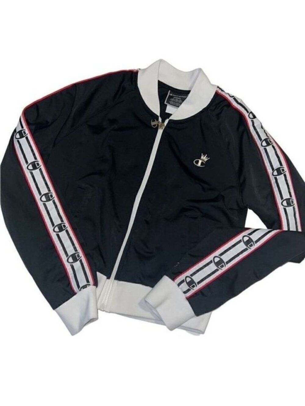 Champion Black Logo Embroidered Full Zip Crown Track Jacket Size Small